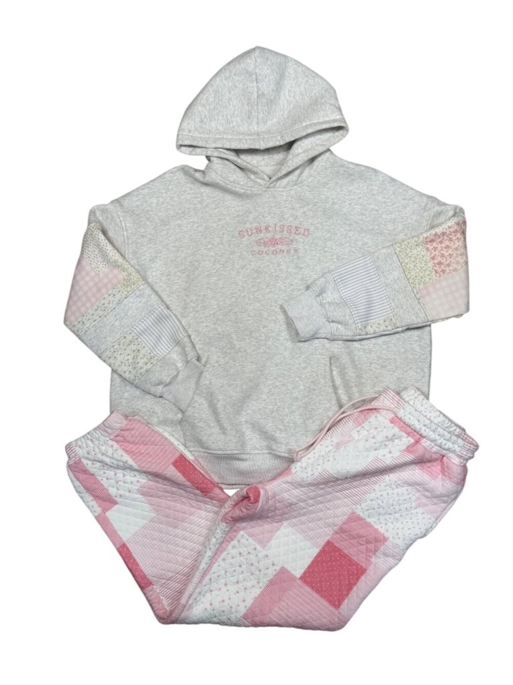 Sunkissed Coconut Patchwork Quilted Jogger & Hoodie Lounge Set Womens M/L Pink W